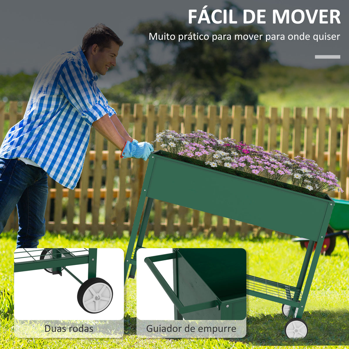 Horta Vertical Elevada de Metal Horta Vertical com Rodas Alça Lateral e Prateleira Inferior para Cultivo de Plantas Flores 109x44x80 cm Verde — foto 4