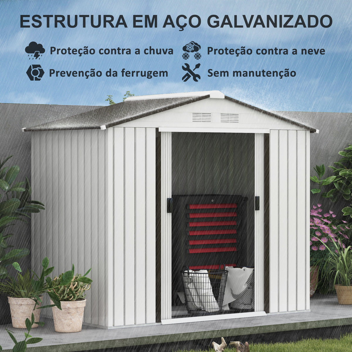 Abrigo de Jardim 213x130x185cm Abrigo de Jardim Metálico de Exterior para Armazenamento de Ferramentas com 2 Portas Deslizantes e 4 Janelas para Terraço Branco e Cinza — foto 4