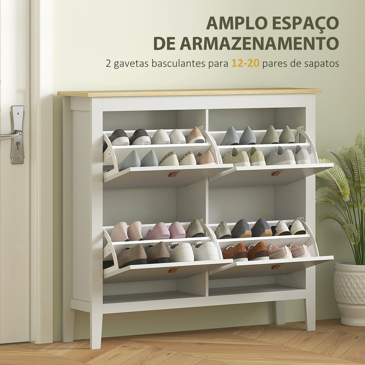 Sapateira Estreita Móvel Sapateira para Entrada com 4 Gavetas Abatíveis Prateleiras Ajustáveis e Puxadores em PU para 20 Pares de Sapatos para Corredor 105x24x95,5 cm Branco — foto 4