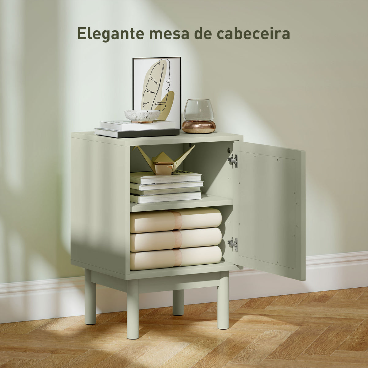 Mesa de Cabeceira Mesa de Cabeceira com Porta de Vime Prateleira Ajustável e Pés de Madeira Estilo Boémio Mesa Auxiliar para Sala de Estar Quarto 40x35x58 cm Verde Claro — foto 4