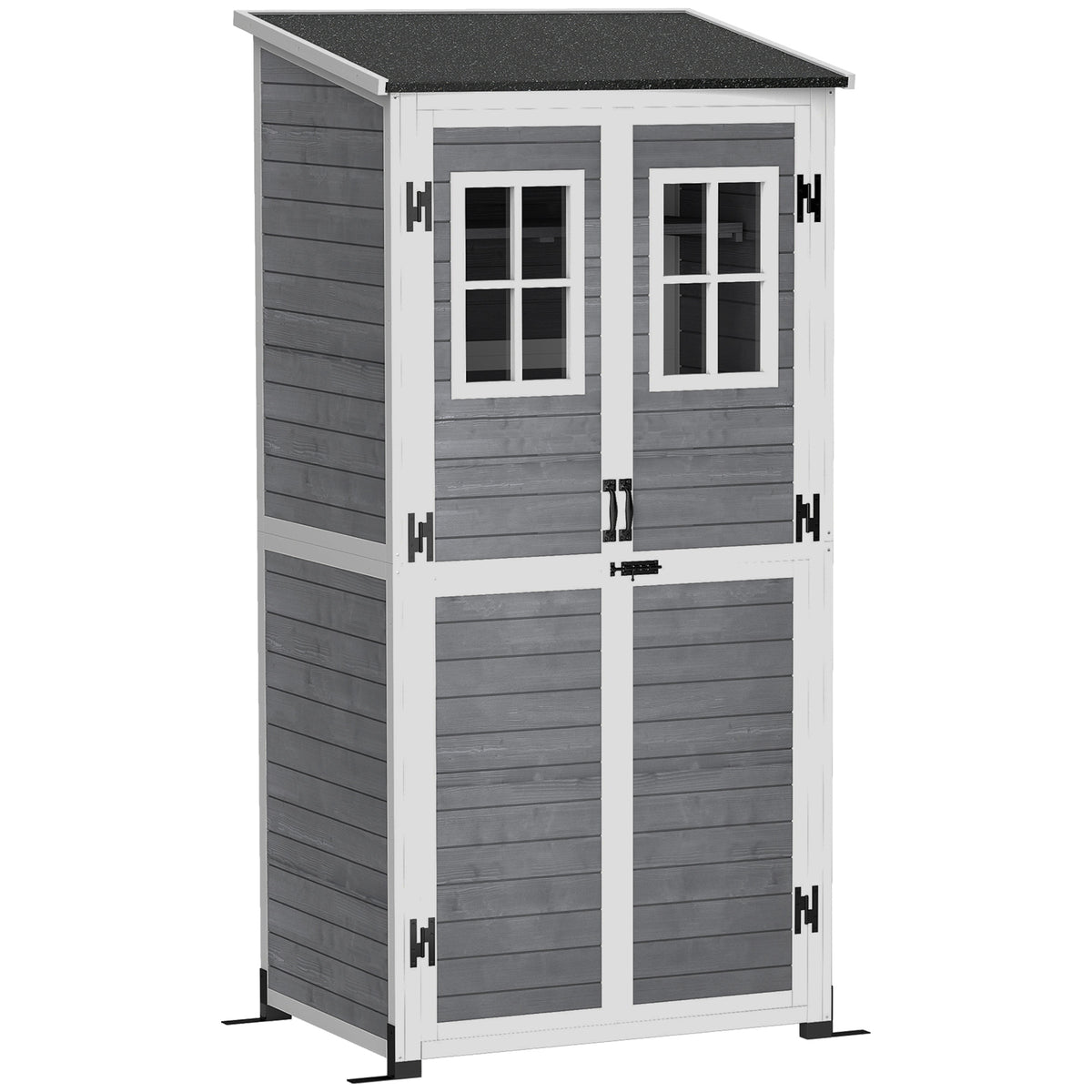 Abrigo de Armazenamento para Jardim Abrigo de Ferramentas com 2 Janelas Estacas para Base Telhado em Betume 91x69x192 cm Madeira de Pinho Cinza Claro — foto 1