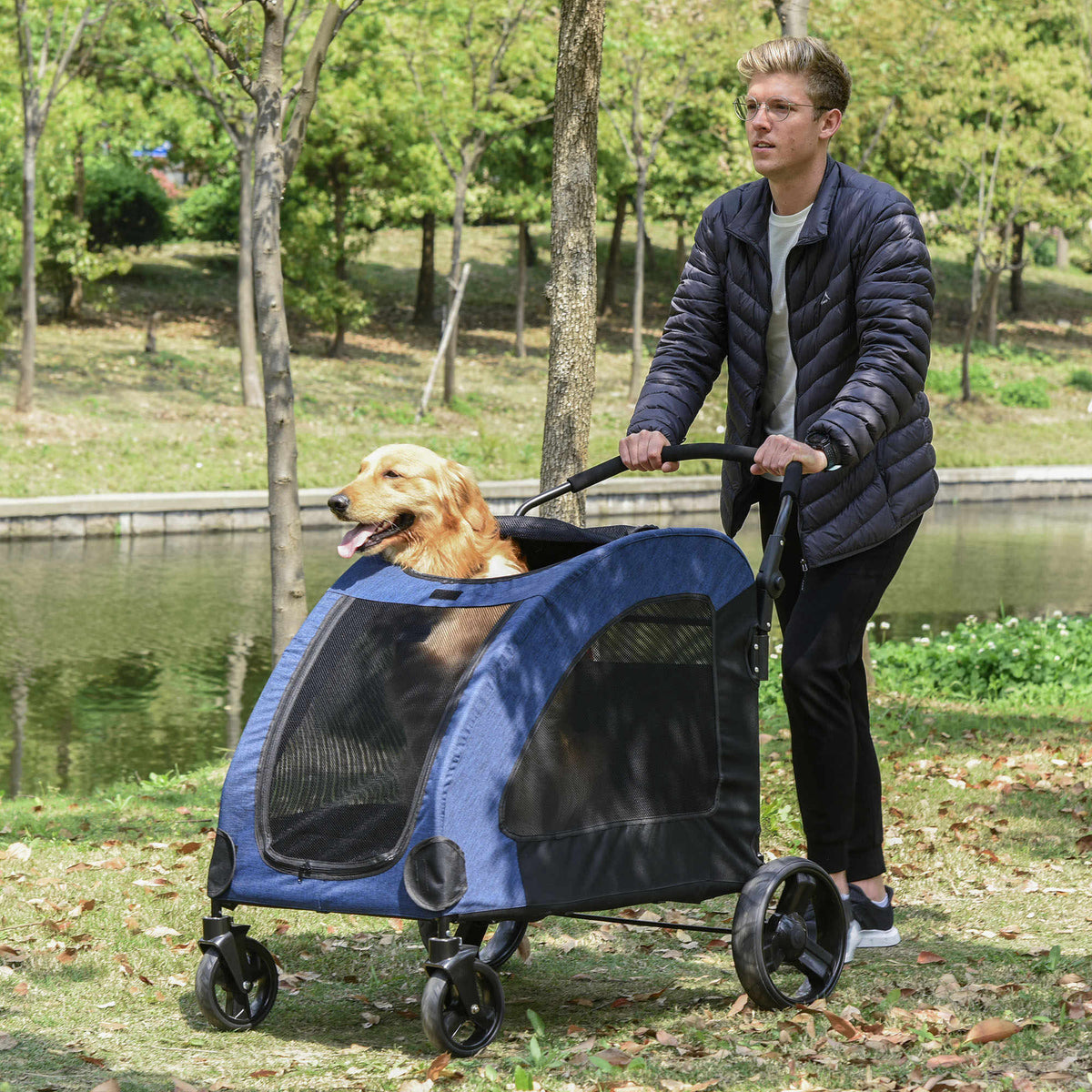 Carrinho para Animais de Estimação para Cães Gatos 4 Janelas Transpiráveis Boa Ventilação Porta Grande Almofada Removível 98x82x110cm Azul — foto 2