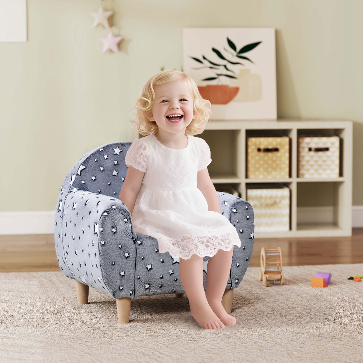 Poltrona para Crianças com Desenho de Estrelas que Brilham no Escuro Sofá para Crianças de 18-36 Meses Tecido Suave de Veludo Apoios de Braços Carga 45 kg 55x40x55 cm Cinzento — foto 2