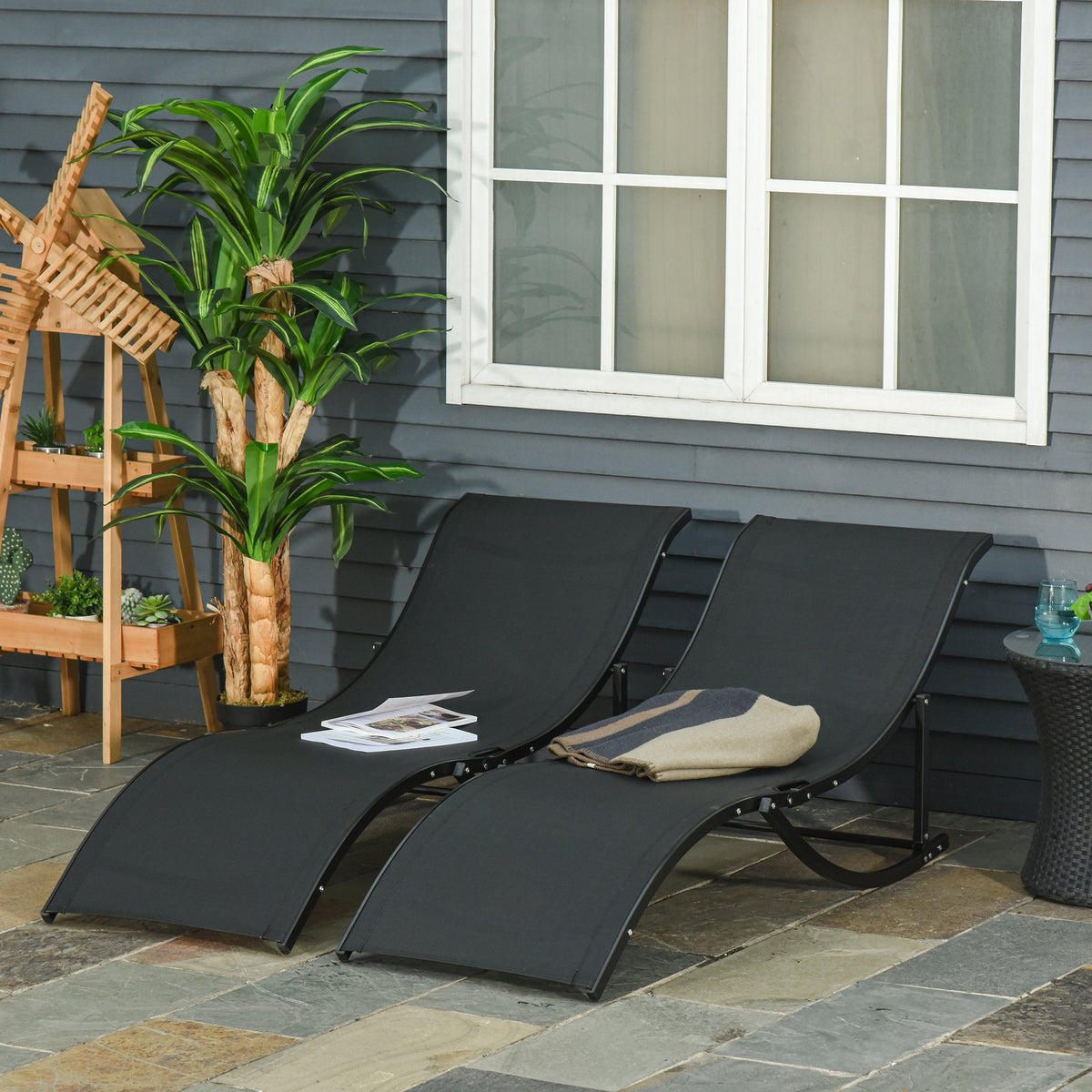 2 espreguiçadeiras dobráveis ​​ergonômicas em forma de S com estrutura de alumínio Textilene para piscina terraço jardim 165x61x63 cm Preto — foto 2