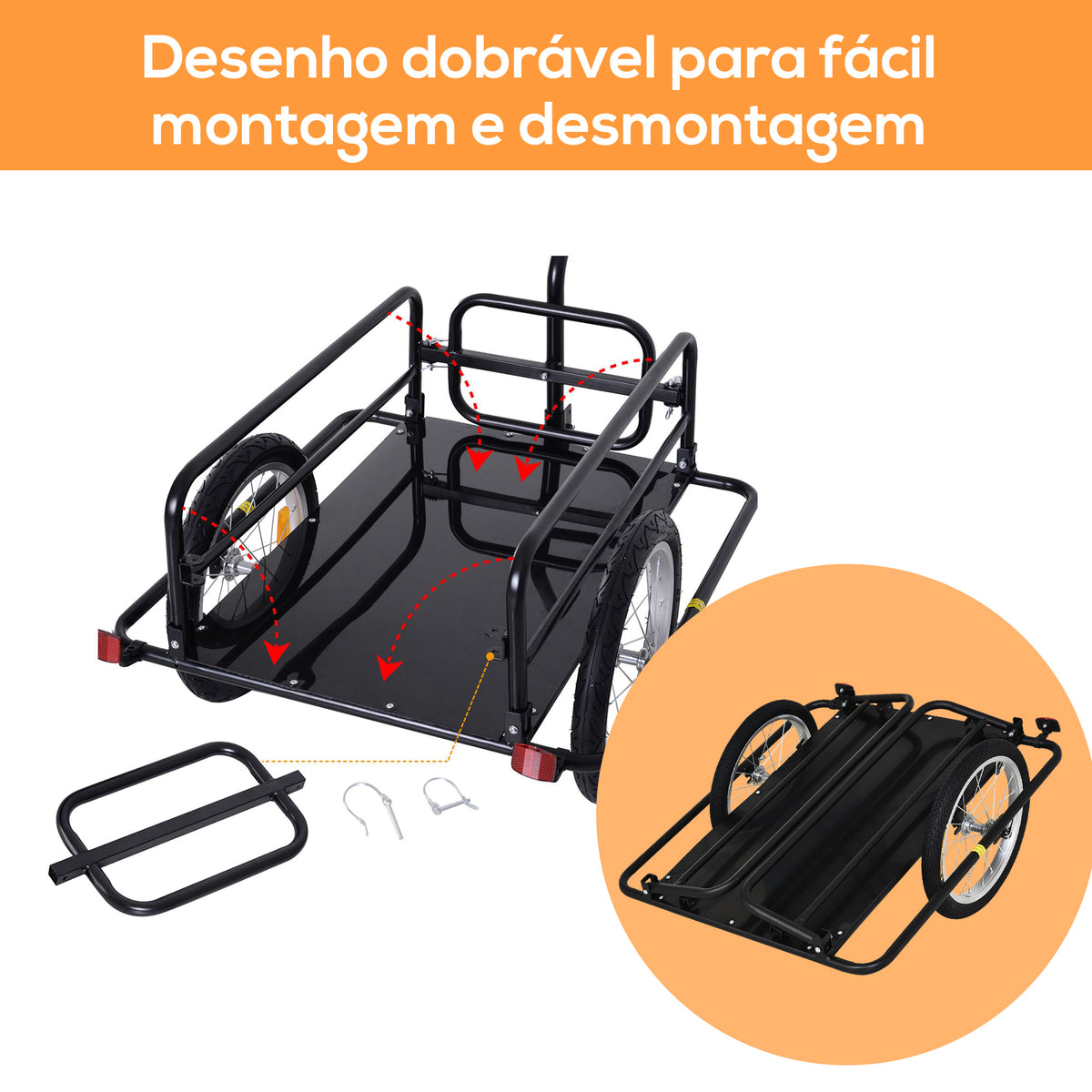 Reboque de Carga para Bicicleta Carrinho Dobrável para Bicicleta com 2 Rodas Refletores Seguros Carga 40 kg 155x71,5x77 cm Preto — foto 5