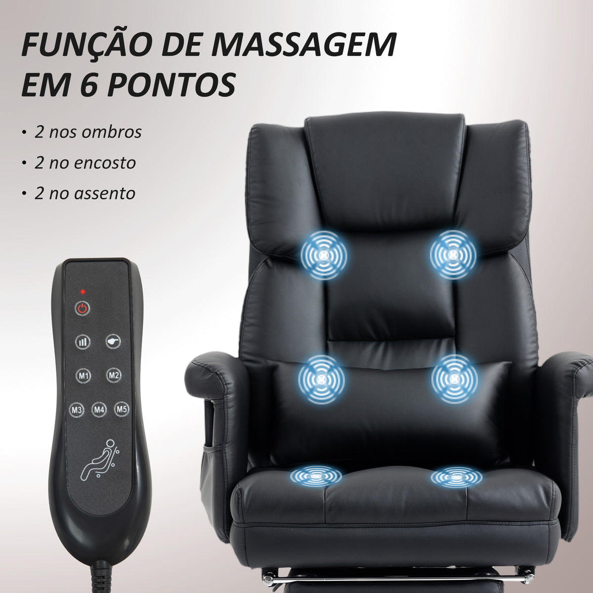 Cadeira de Massagem com 6 Pontos de Massagem Cadeira de Escritório com Apoio para os Pés Retrátil Altura Ajustável Controlo Remoto e Suporte Lombar Estofado em PU 69x65x107-115 cm Preto — foto 4
