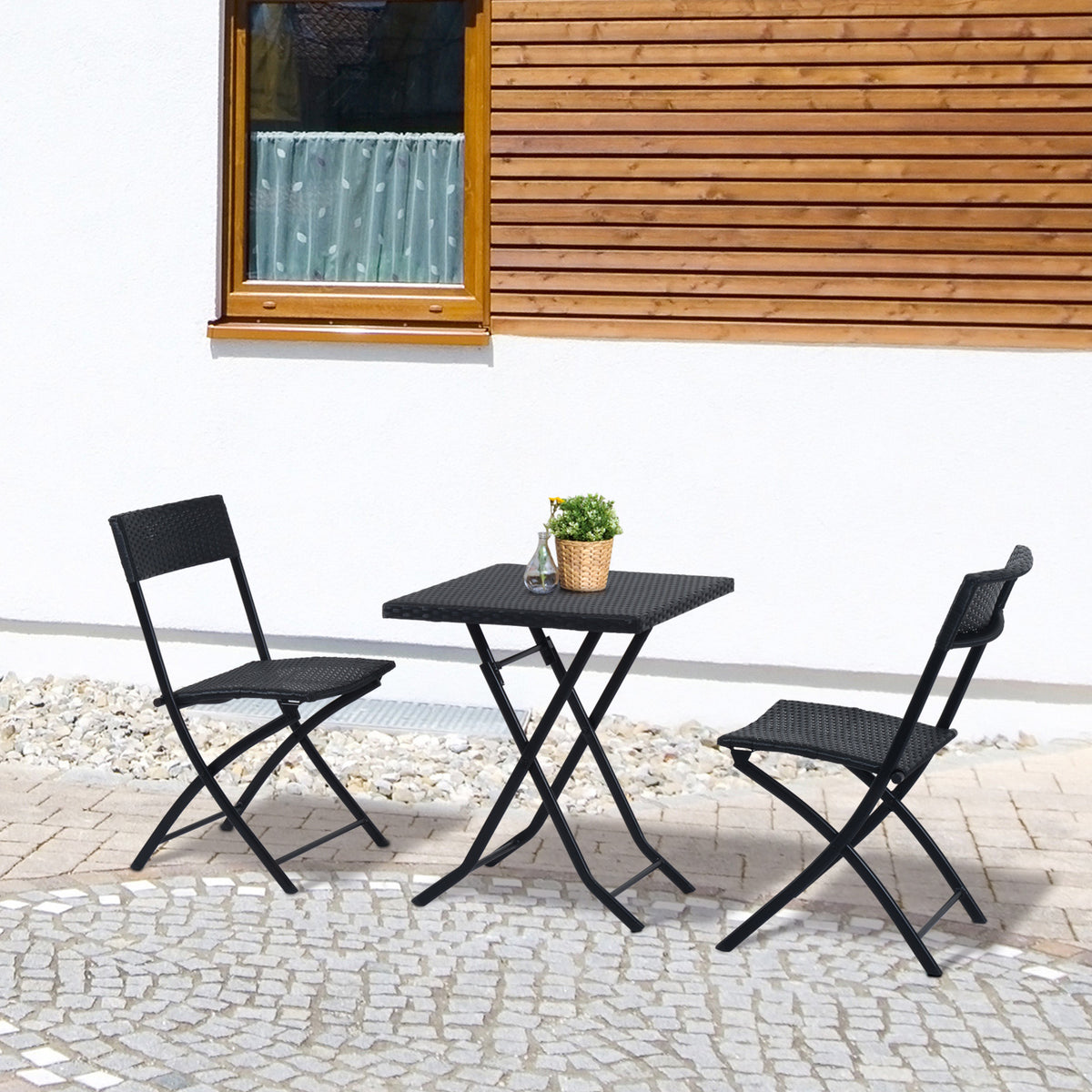 Conjunto de Jardim de Vime 3 peças Dobráveis Jogo de Mesa 60x60x72cm e Cadeiras 60x47x83,5cm para Pátio Varanda Terraço Metal Preto — foto 2