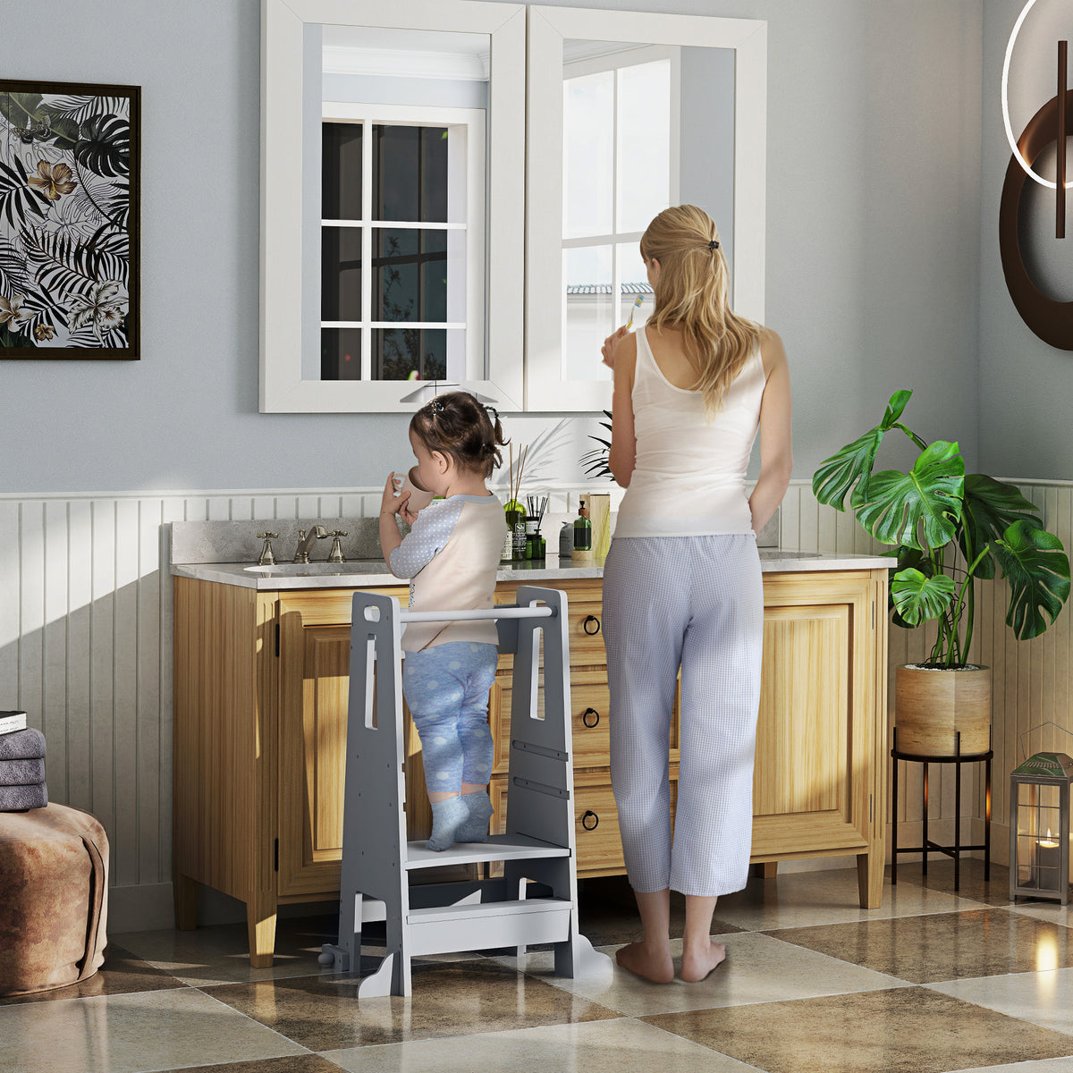 Torre de Aprendizagem Torre de Aprendizagem para Crianças acima de 3 Anos com Degrau Altura Ajustável em 3 Níveis e Barreira de Segurança para Casa de Banho Cozinha 45x47,5x91 cm Cinza — foto 2