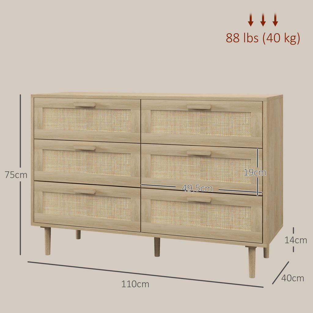 Cómoda com 6 Gavetas e Frontal de Vime Pés de Madeira Estilo Bohemio 110x40x75 cm Madeira — foto 3