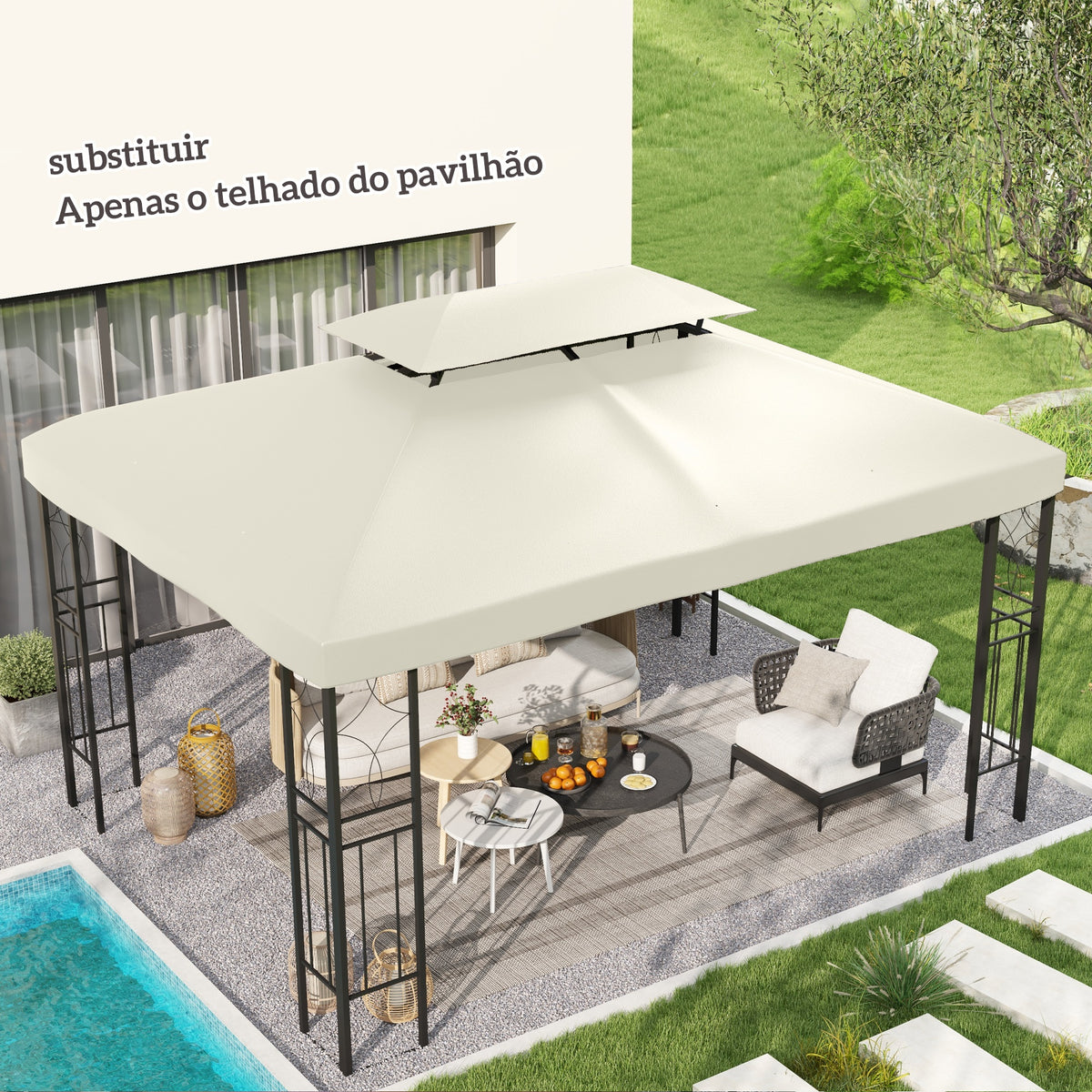 Toldo de Substituição 4x3m para Pérgola de Jardim 2 Níveis Respirável com 10 Orifícios de Drenagem Cobertura de Substituição de Pérgola Exterior Creme — foto 2