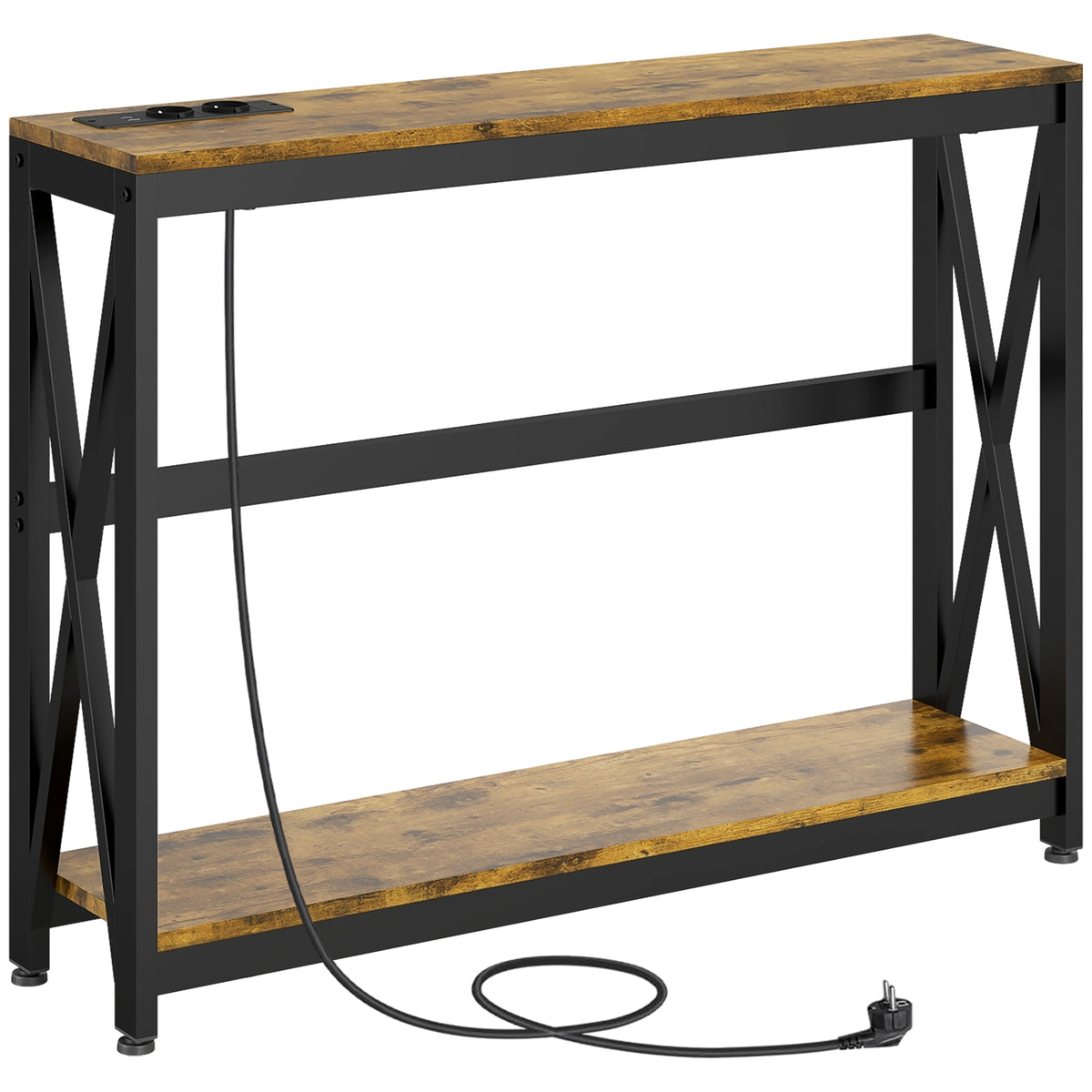 Mesa Consola de Estilo Industrial Mesa de Entrada de 2 Níveis com Estação de Carregamento e Estrutura de Aço para Sala Corredor 100x24x75 cm Castanho Rústico — foto 1