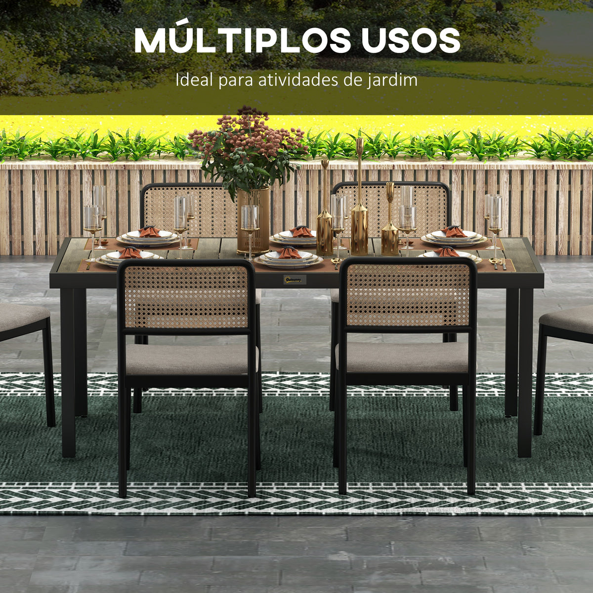 Mesa de Jardim Retangular Mesa de Exterior para 8 Pessoas com Bancada de Ripas e Estrutura de Alumínio para Terraço Balcão 190x90x74 cm Preto e Madeira — foto 6