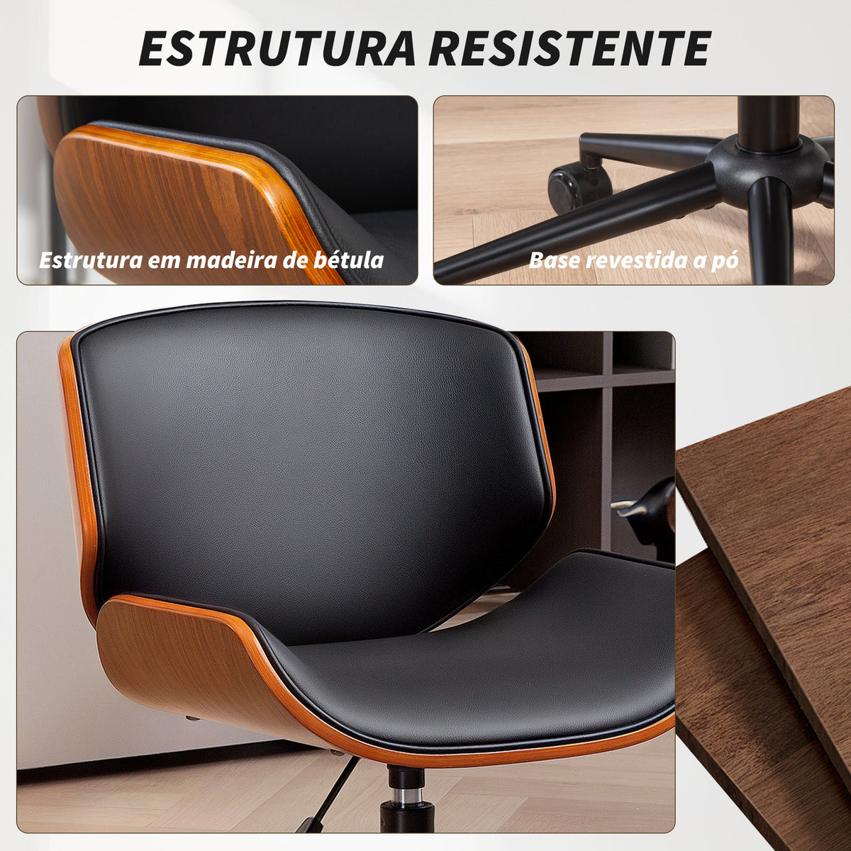 Cadeira de Escritório sem Braços Cadeira de Secretária Vintage Giratória Estofada em PU Madeira Curvada Altura Ajustável Encosto Curvo Função de Baloiço 52x54x74-84 cm Preto e Madeira — foto 5