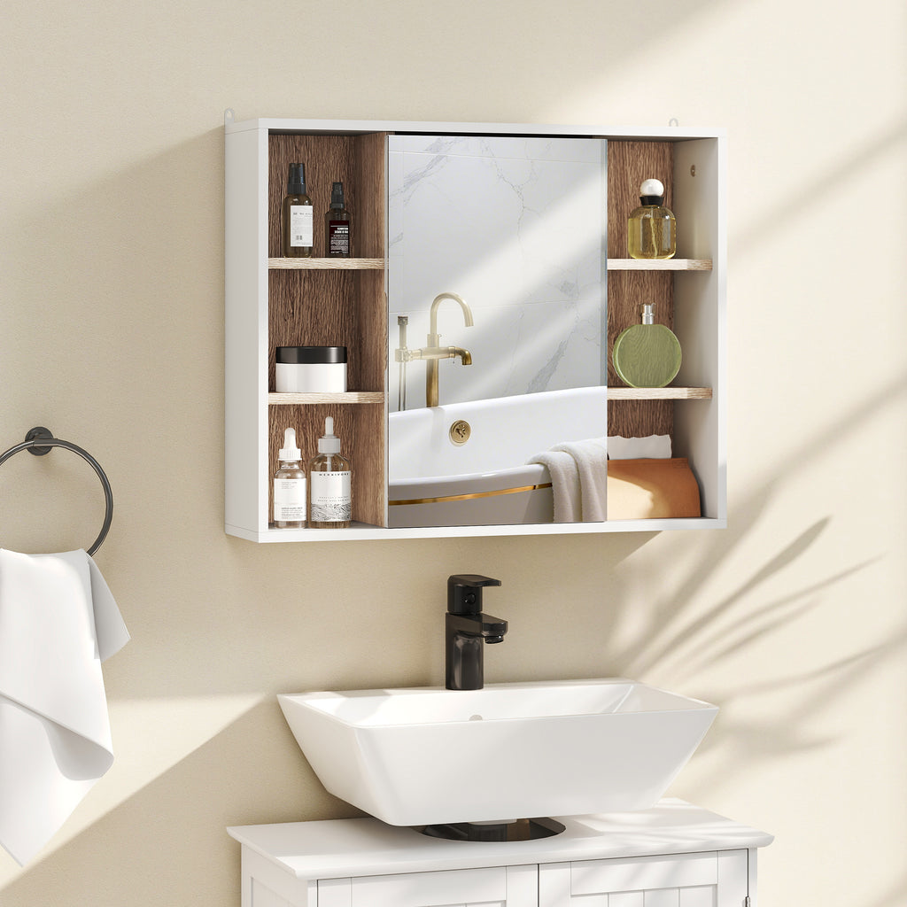Armário de Espelho com Espaço Interno com Prateleiras Ajustáveis ​​Armário de Banheiro com Prateleiras Abertas 60x14.5x49.4 cm Branco e Carvalho — foto 2