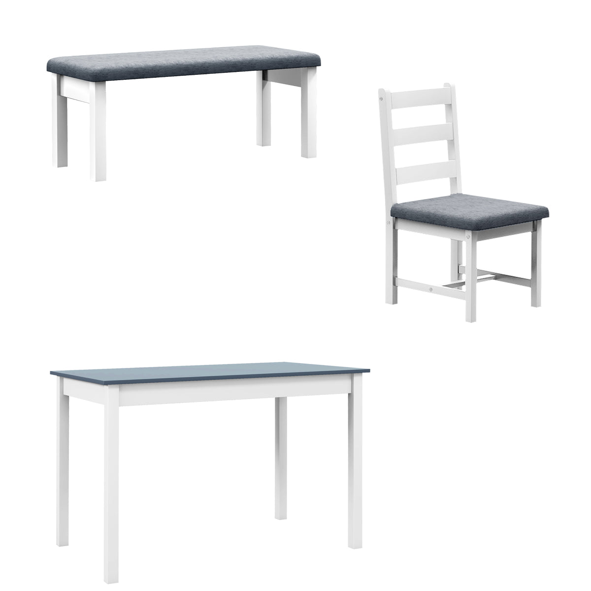 Conjunto de assentos, Conjunto de mesa de jantar 4 peças, 1 mesa, 1 banco, 2 cadeiras, Cinza + Branco — foto 1