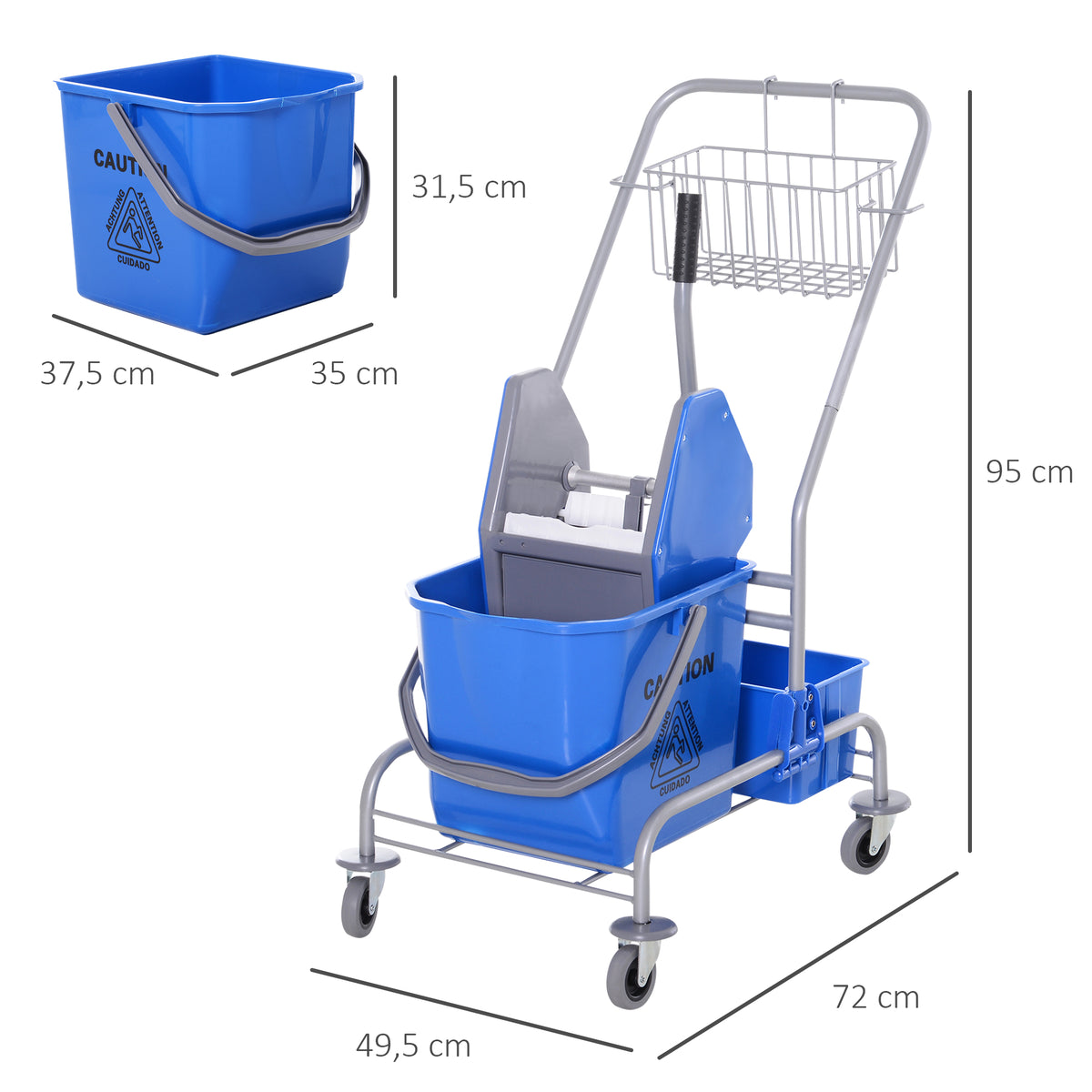 Carro de Limpeza Profissional Balde de Esfregona com Rodas Balde Removível de 25 Litros Espremedor de Pressão Cesto e Cubeta 72x49,5x95 cm Azul — foto 3