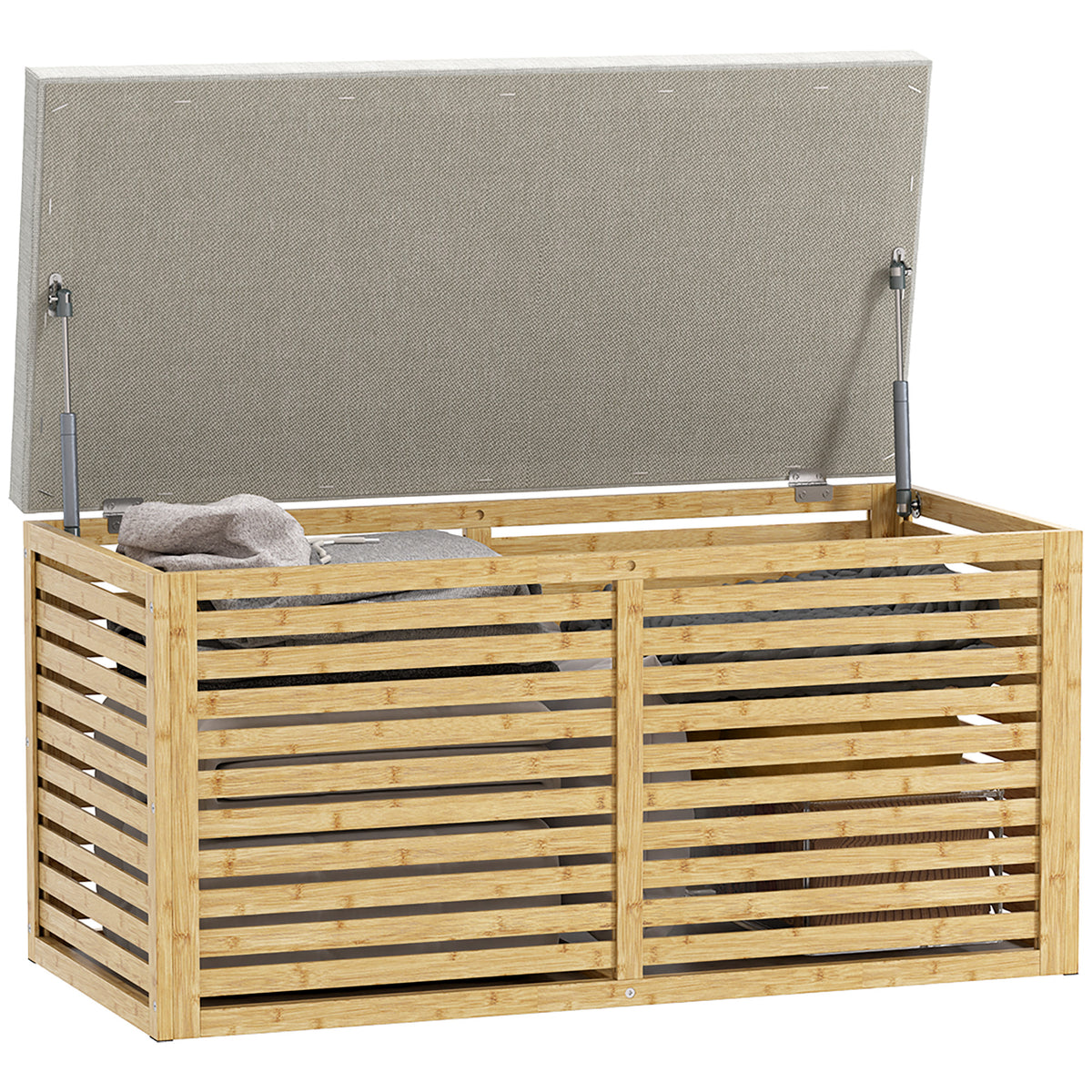 Baú de Arrumação para Dormitório 122L Banco de Arrumação Estofado em Linho Sintético com Almofada Estrutura de Bambu para Entrada Sala 90x42x43 cm Cinza e Madeira — foto 1
