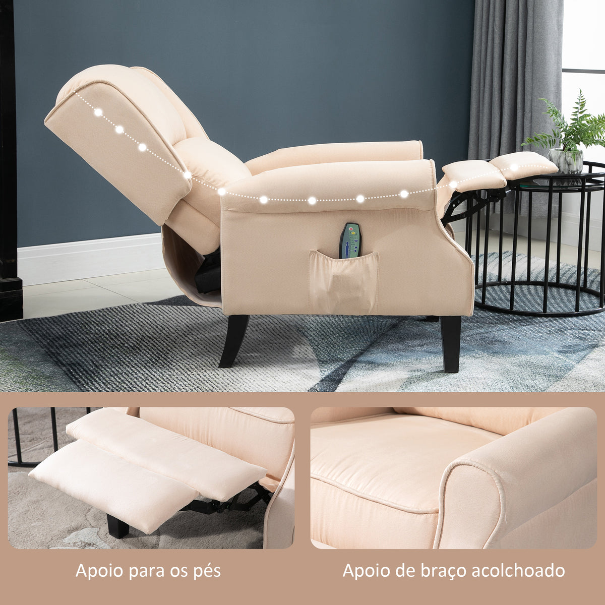 Poltrona de Massagem Poltrona Relax Reclinável com Controlo Remoto 2 Áreas de Massagem Bolso Lateral 78x83x101 cm Bege — foto 8