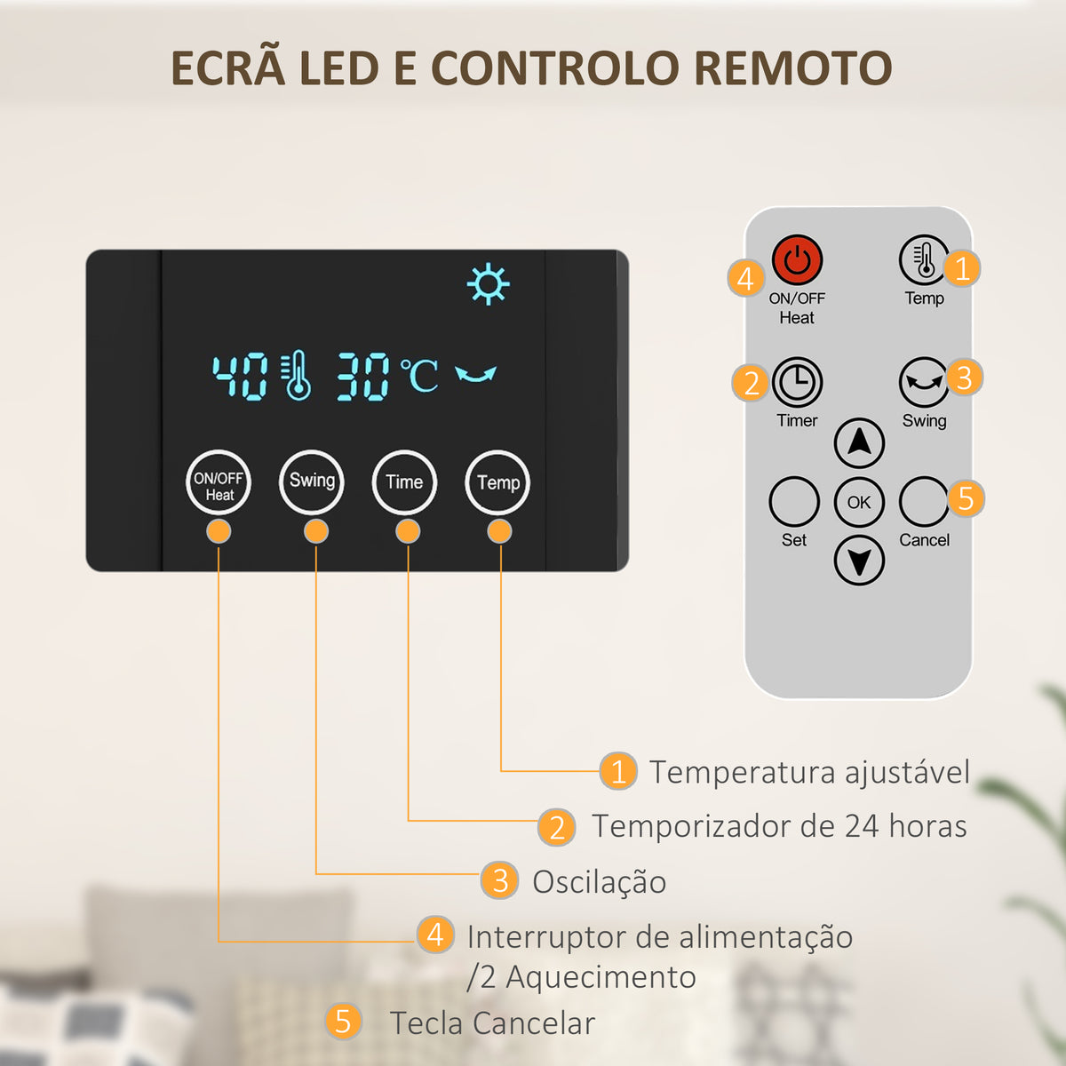 Aquecedor Elétrico de Parede 1000W/2000W Aquecedor com Ecrã LED Controlo Remoto Termostato Temporizador para Áreas de 15-20 m² 54,5x12x21,5 cm Cinzento — foto 5