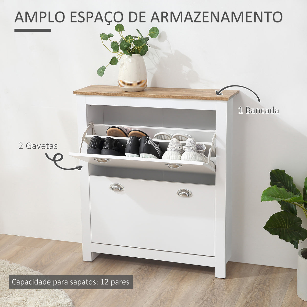 Sapateira Estreita Móvel Sapateira de Entrada com 2 Gavetas Abatíveis Prateleiras Ajustáveis para 12 Pares de Sapatos para Corredor 79x23x90,5 cm Branco — foto 4