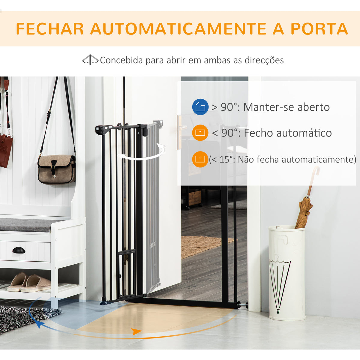 Barreira de Segurança para Cães com Porta Pequena Barreira para Animais de Estimação Extensível com Fechamento Automático e Sistema Duplo de Bloqueio 74-101x104,1 cm Preto — foto 5