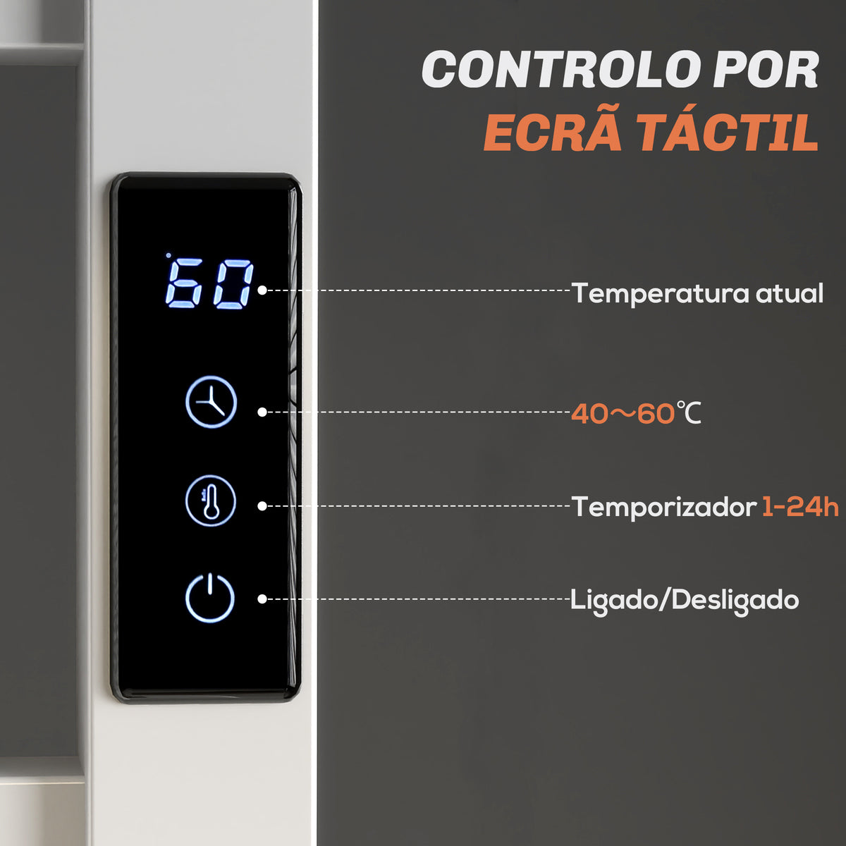 Toallero Elétrico de Parede 110W Toalheiro Elétrico com Controlo WIFI Ecrã Tátil Temporizador 10 Barras Temperatura Ajustável Baixo Consumo IPX4 45x11x80 cm Branco — foto 5