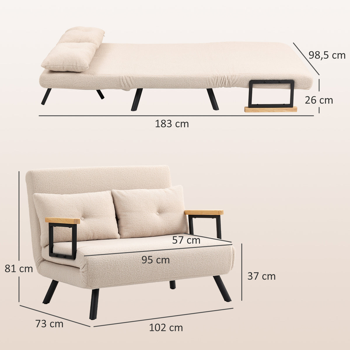 Sofá Cama Sofá Convertível em Cama de 2 Lugares Dobrável com Encosto Ajustável em 5 Níveis e 2 Almofadas Acolchoadas para Escritório Dormitório Sala de Estar 102x73x81 cm Bege - Modelo 1 — foto 3
