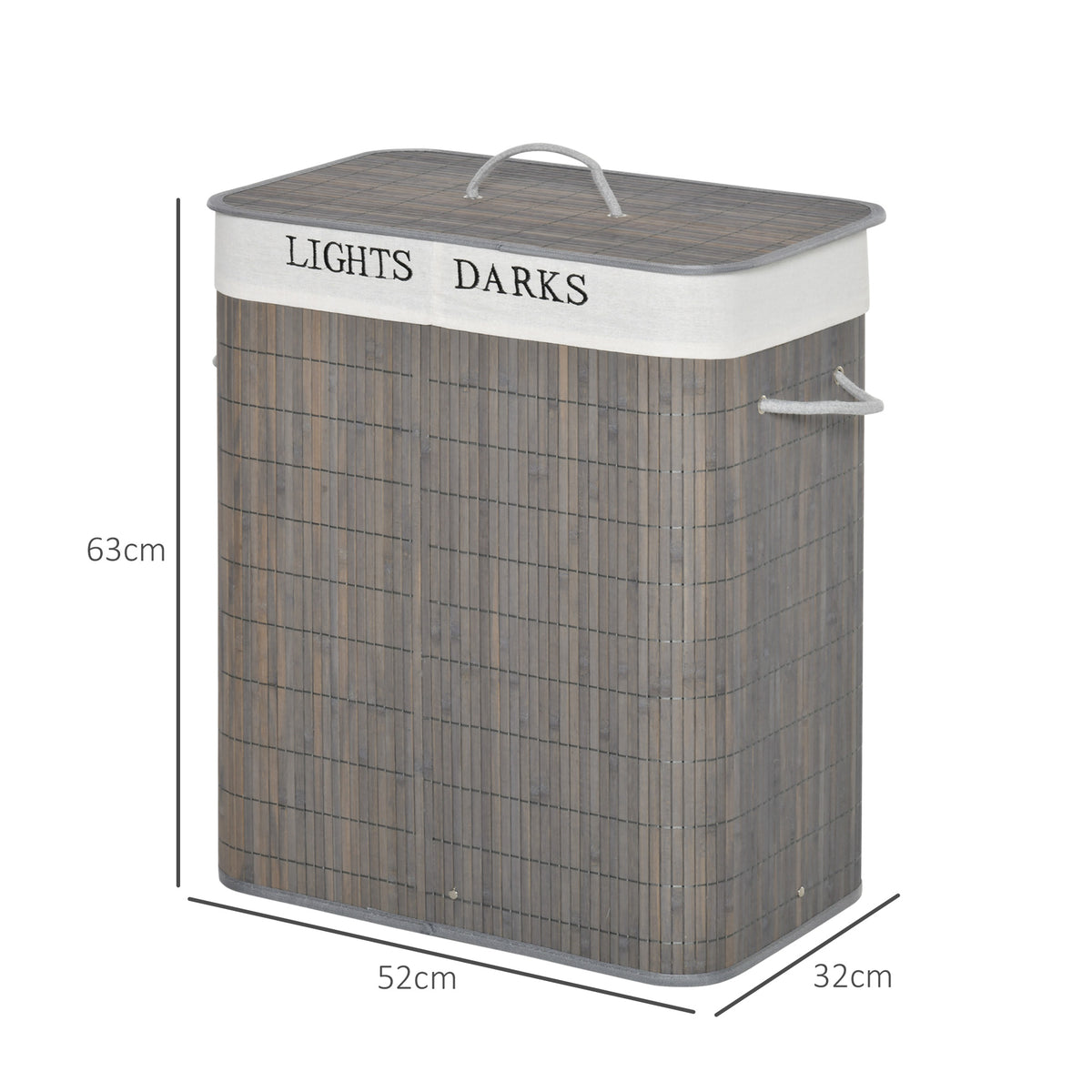 Cesto para Roupa Suja de Bambú Capacidade de 100L Cesta para Roupa Suja Retangular com Tampa Removível Bolsa com 2 Compartimentos 52x32x63 cm Cinza — foto 3