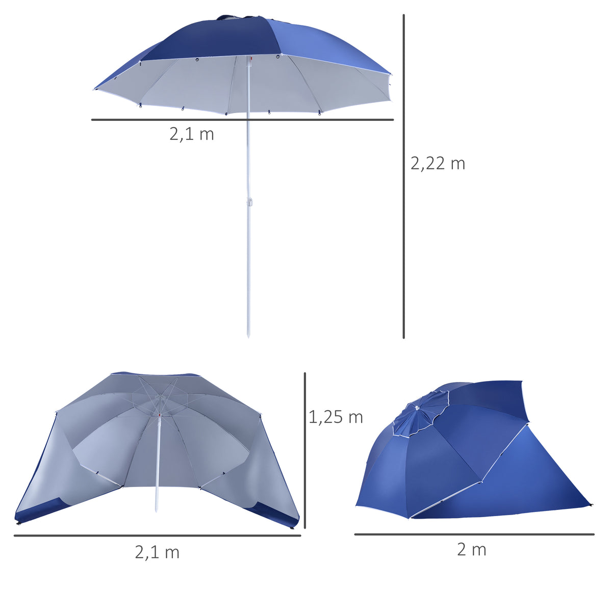 Chapéu de Sol de Praia com Painéis Laterais Tipo Tenda Chapéu de Sol para Praia com Proteção UV Φ210x222cm Azul — foto 3