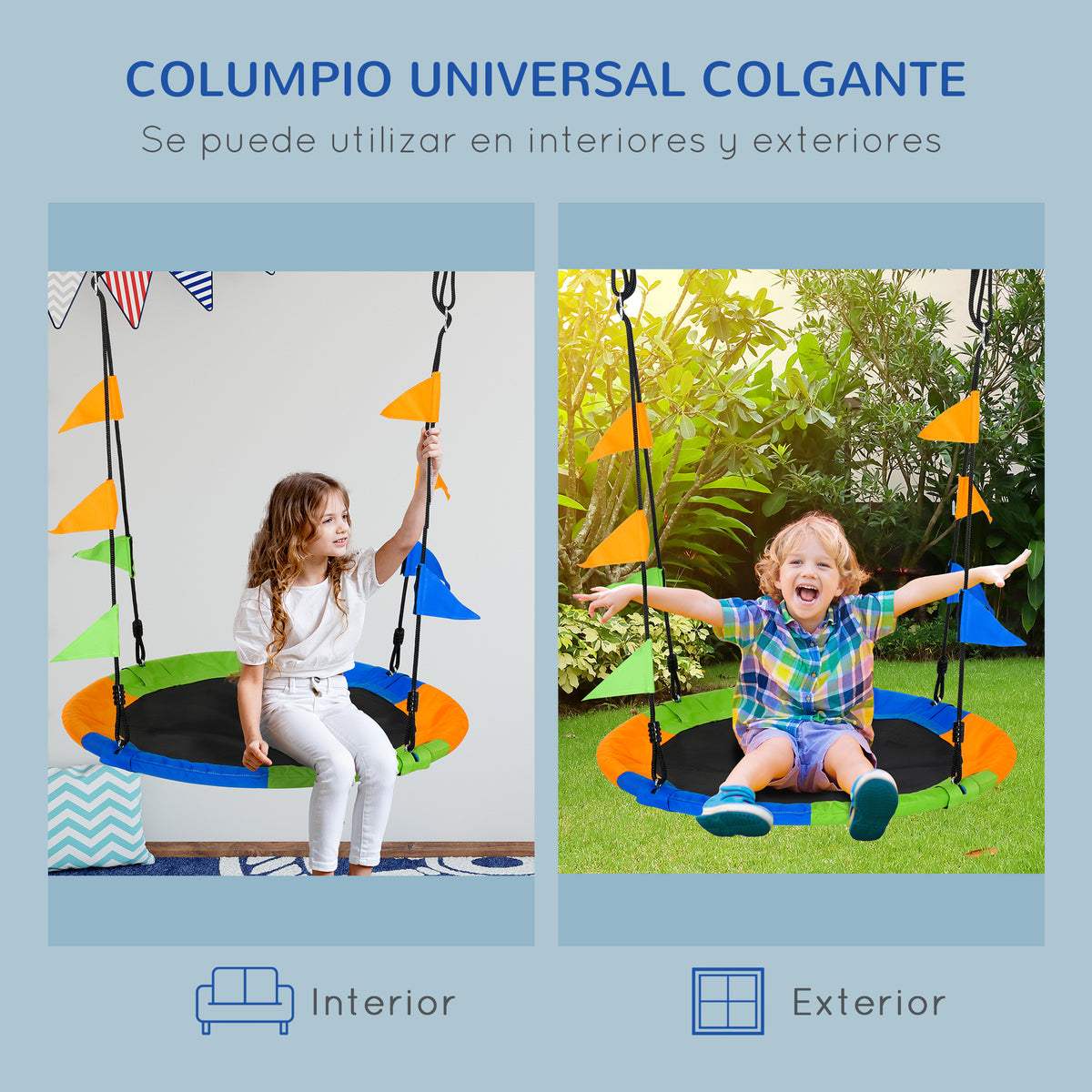 Baloiço de Jardim com Altura Ajustável com Cordas e Bandeiras para Crianças e Adultos Carga 80 kg Interior e Exterior Ø100x180 cm Multicolor — foto 7