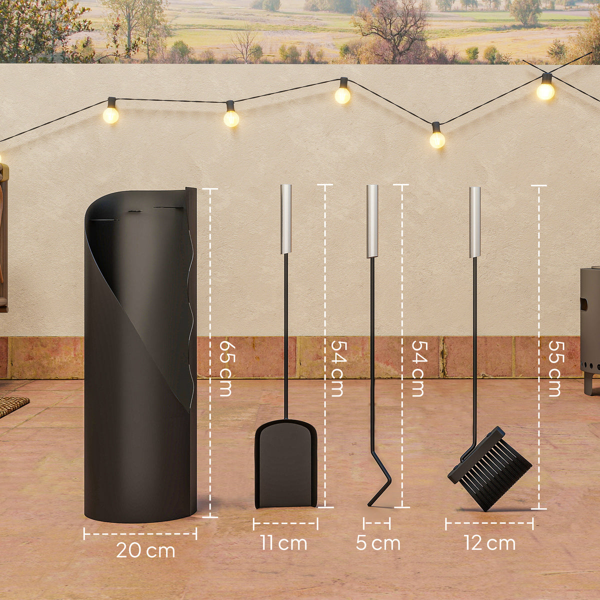 Conjunto de Acessórios para Lareira de 4 Peças Conjunto de Acessórios de Metal com Vassoura Pá Atiçador e Balde 20x20x65 cm Preto e Prateado — foto 3