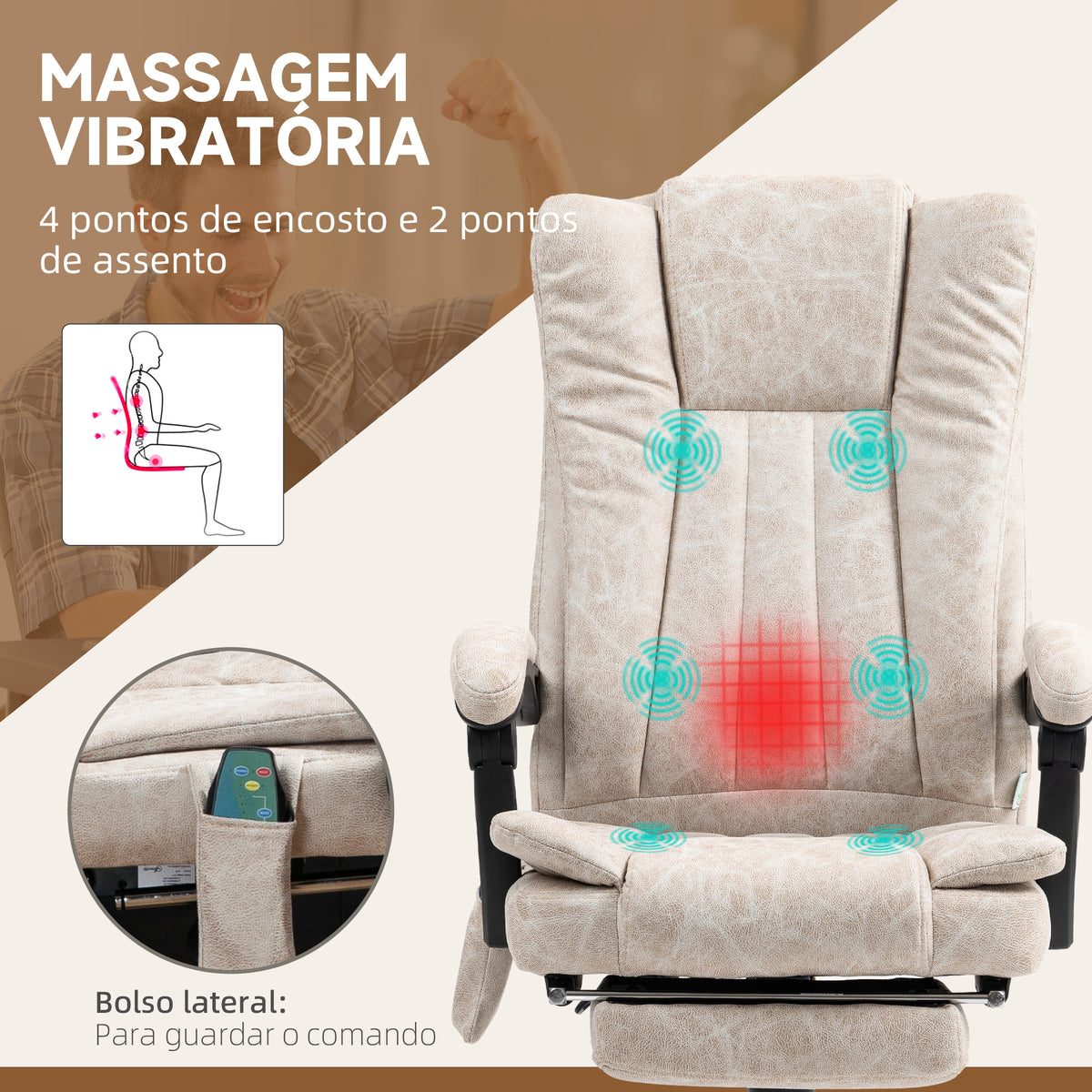 Cadeira de Massagem com 6 Pontos de Massagem Cadeira giratória de Escritório Reclinável com Altura Ajustável Função de Aquecimento Apoio para os Pés Retrátil e Comando à Distância Creme — foto 4