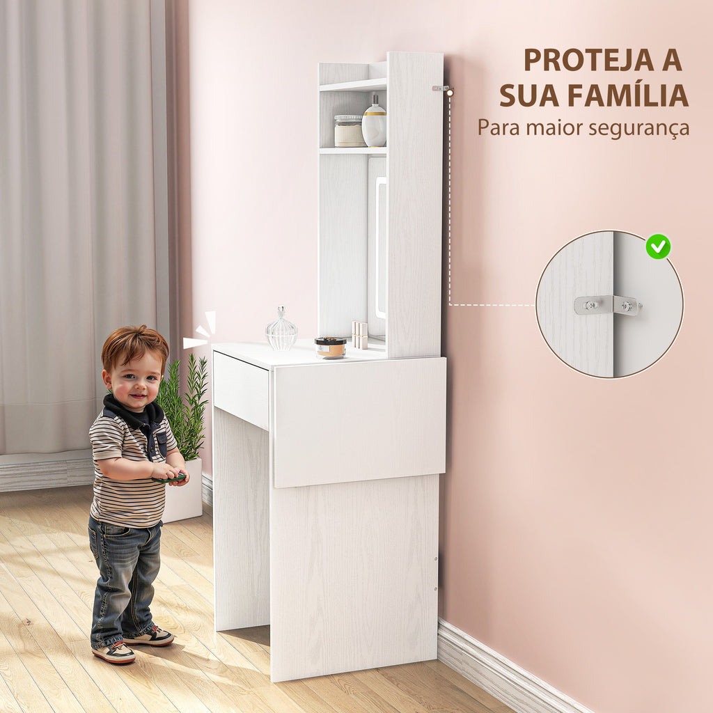 Tocador de Maquilhagem com Luzes LED de Cor Ajustável e Espelho Tocador com Lateral Rebatível Gaveta Compartimentos Abertos para Espaços Pequenos 45x45x152 cm Branco — foto 7