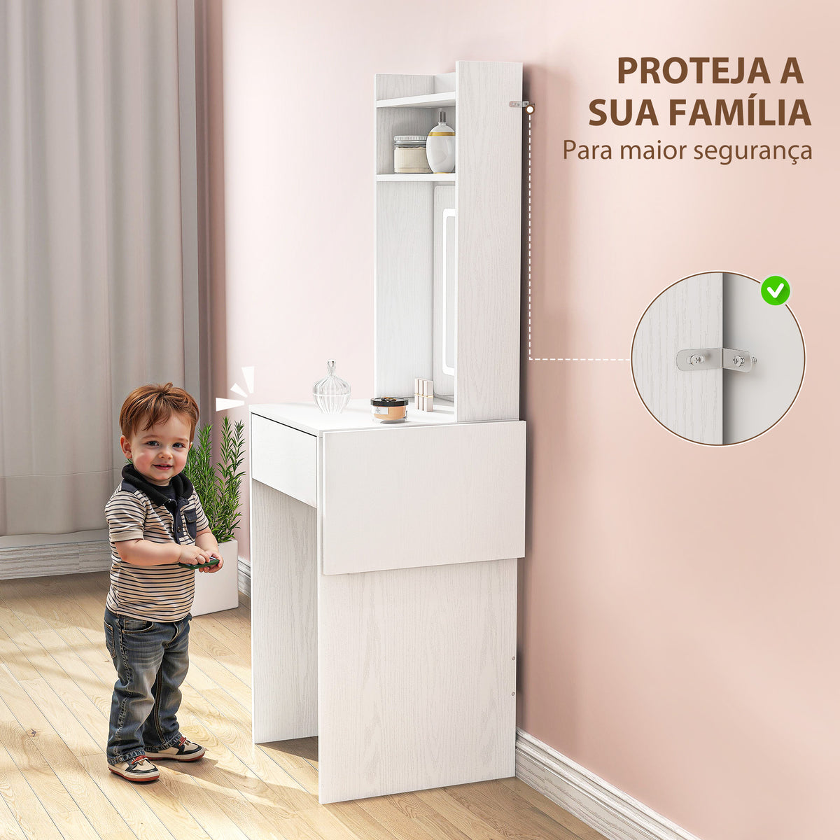 Tocador de Maquilhagem com Luzes LED de Cor Ajustável e Espelho Tocador com Lateral Rebatível Gaveta Compartimentos Abertos para Espaços Pequenos 45x45x152 cm Branco — foto 7