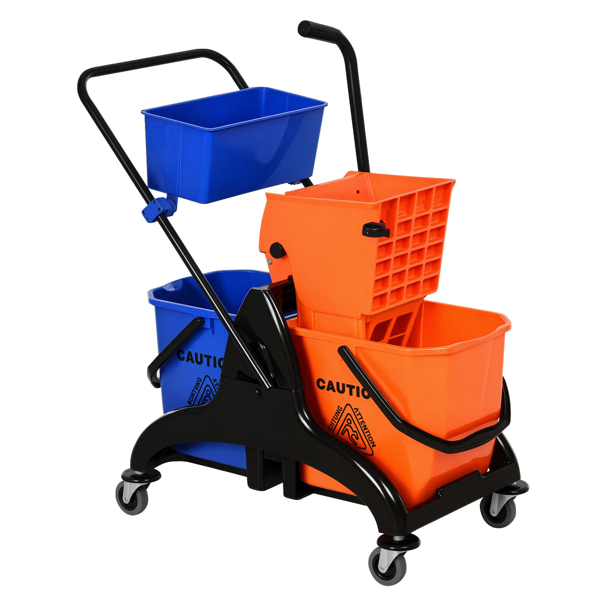 Balde para esfregona comercial Balde para esfregona com escorredor de baixa pressão 26L Capacidade com 4 rodas silenciosas Baldes separados duplos 78x45x95cm Laranja e azul — foto 1
