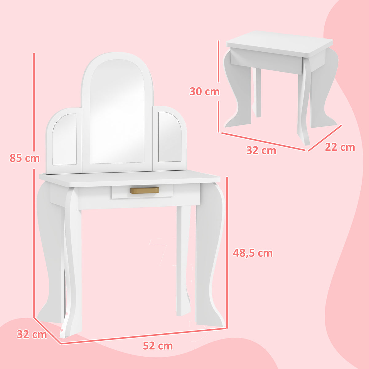 Toucador para Crianças com Espelho e Banco Toucador de Maquilhagem para Crianças de 3 a 6 Anos Toucador Infantil de Madeira com Gaveta 52x32x85 cm Branco — foto 3