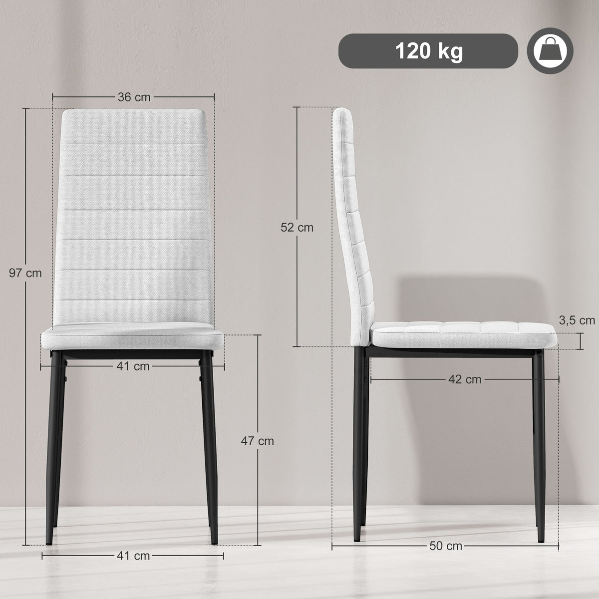 Conjunto de 64 Cadeiras de Sala de Jantar Estofadas em Linho com Pernas em Metal Cadeiras Modernas para Cozinha Quarto Suporta até 120 kg 41x50x97 cm Branco — foto 3