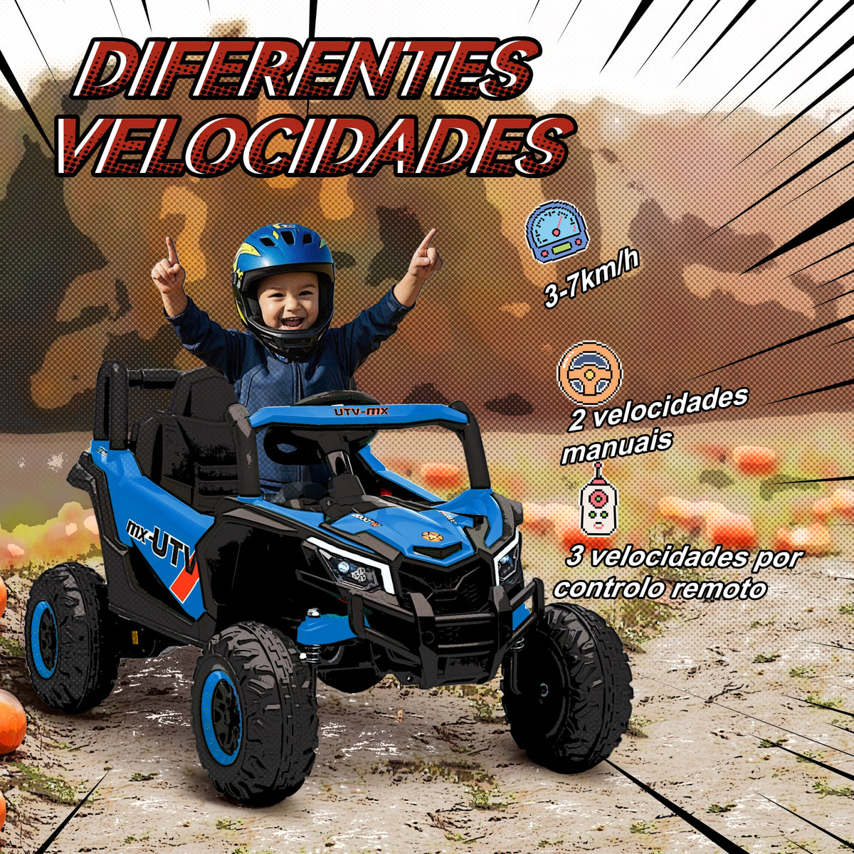Carro Elétrico para Crianças 12V UTV com 2 Motores Controlo Remoto 2,4G Velocidade até 7 km/h Sistema de Suspensão Faróis USB para Crianças acima de 3 Anos 96x61x56 cm Azul — foto 5