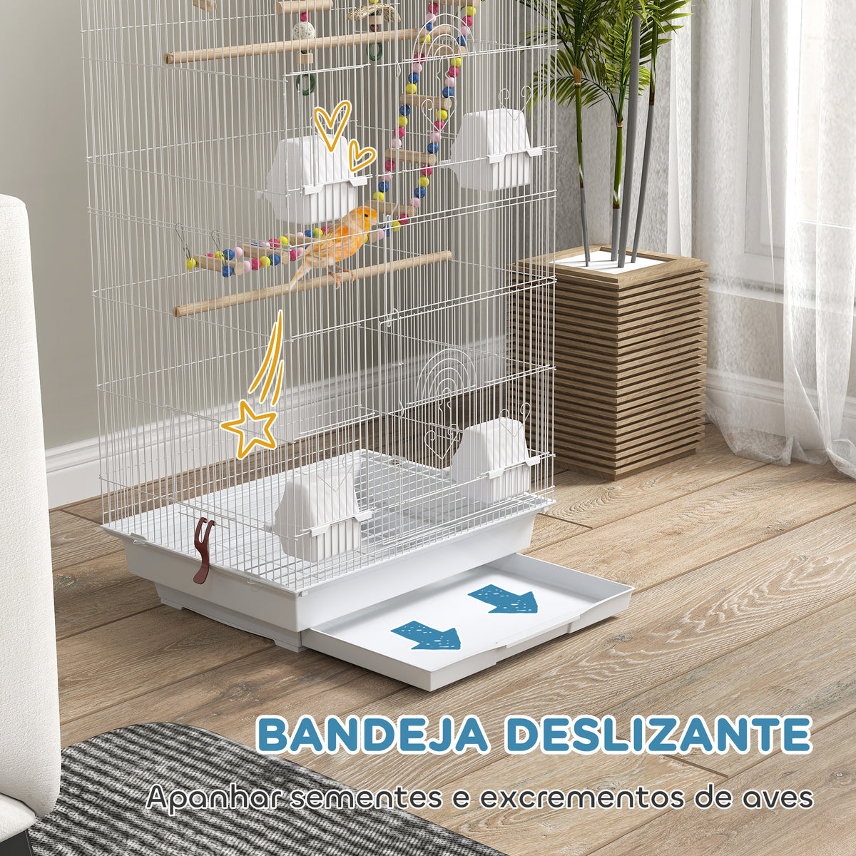 Gaiola para Passáros Gaiola de Metal com Múltiplas Portas 4 Comedouros 3 Poleiros Baloiço Escadas e Bandeja Removível para Periquitos Canários 46x36x100 cm Branco — foto 5