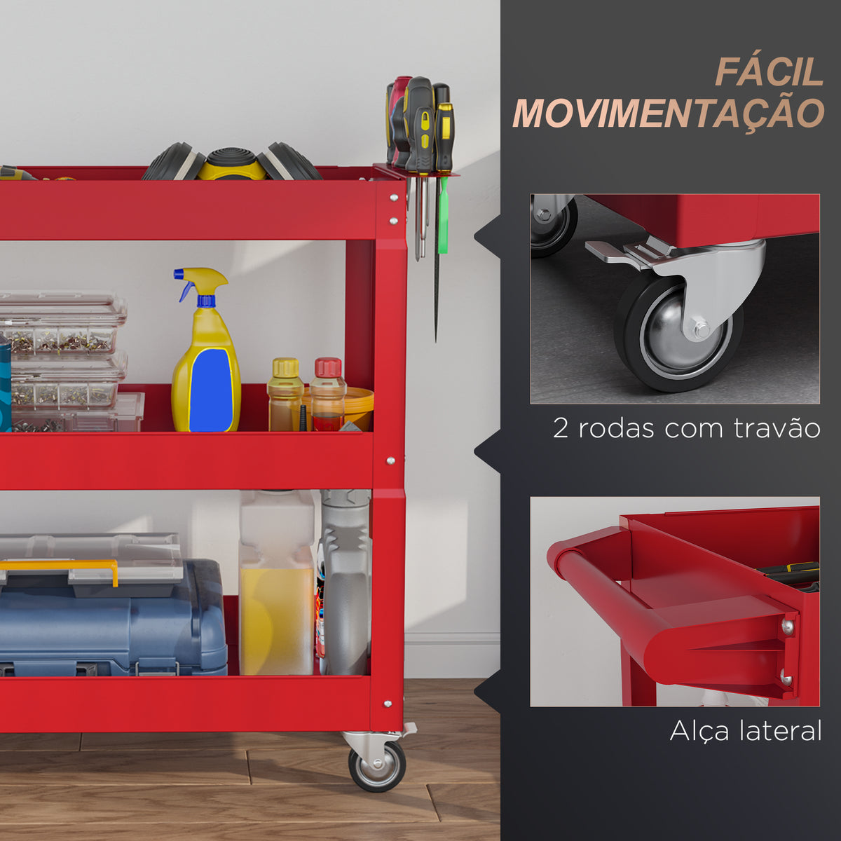 Carrinho de Ferramentas com Rodas Carro de Ferramentas de Oficina de Aço com 3 Prateleiras de Armazenamento e Alça Lateral para Garagem Oficina Carga Máxima 150kg 83x35,3x76 cm Vermelho — foto 5