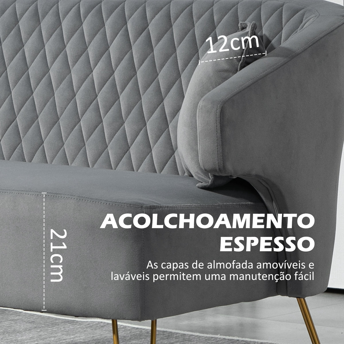 Sofá de 2 Lugares Estofado em Veludo Sofá Sala de Estar com 2 Almofadas Apoio para o Braço e Pés de Aço Dourado Sofá Pequeno Carga 240 kg para Dormitório Escritório 124x69x76 cm Cinza — foto 5