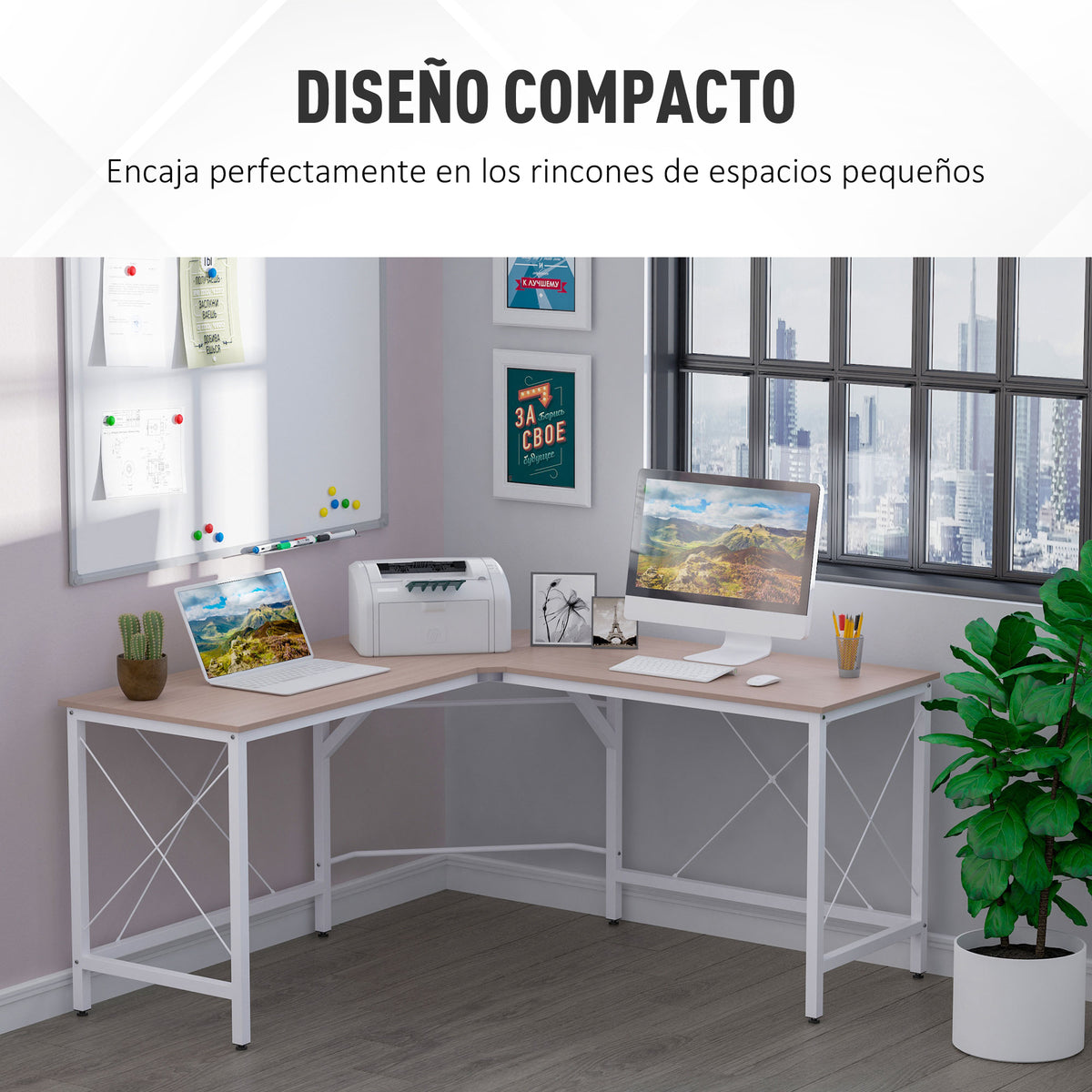 Secretária em Forma de L Secretária para Escritório com Estrutura de Metal Carga 70 kg Secretária de Canto para Escritório Estúdio 150x150x76 cm Madeira e Branco — foto 4