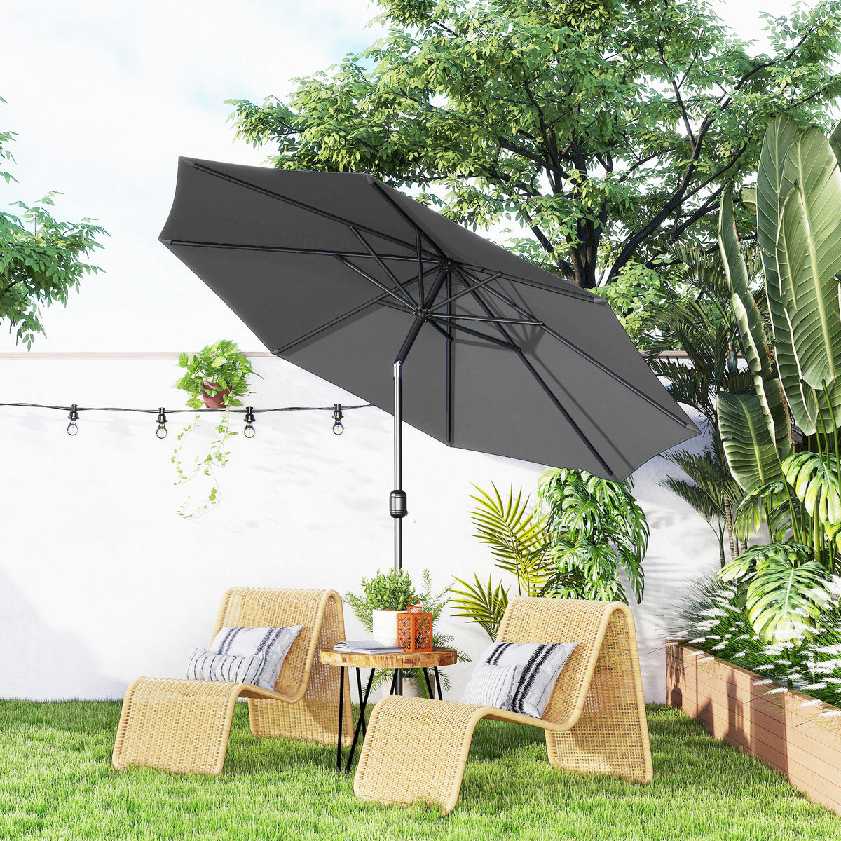 Chapéu de Sol de Jardim Ø295x250cm com Manivela Chapéu de Sol Exterior com Mecanismo de Inclinação e Mastro Desmontável de Metal para Terraço Piscina Pátio Cinza Escuro — foto 2