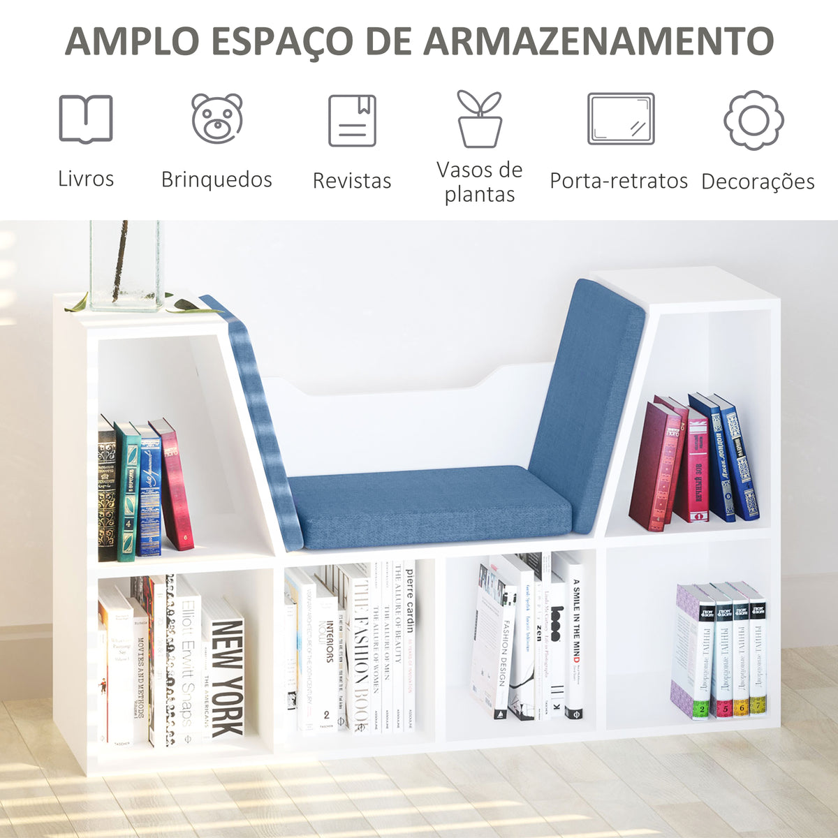 Estante para Livros com Banco Integrado e 6 Cubos Estante Infantil com Assento 102x30x61 cm Branco e Azul — foto 4