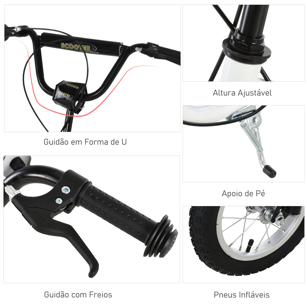 Trotinete para crianças acima de 5 anos com 2 Pneus de borracha inflável com freios Guiador ajustável Pedal antiderrapante 120x58x80-85 cm Branco — foto 5