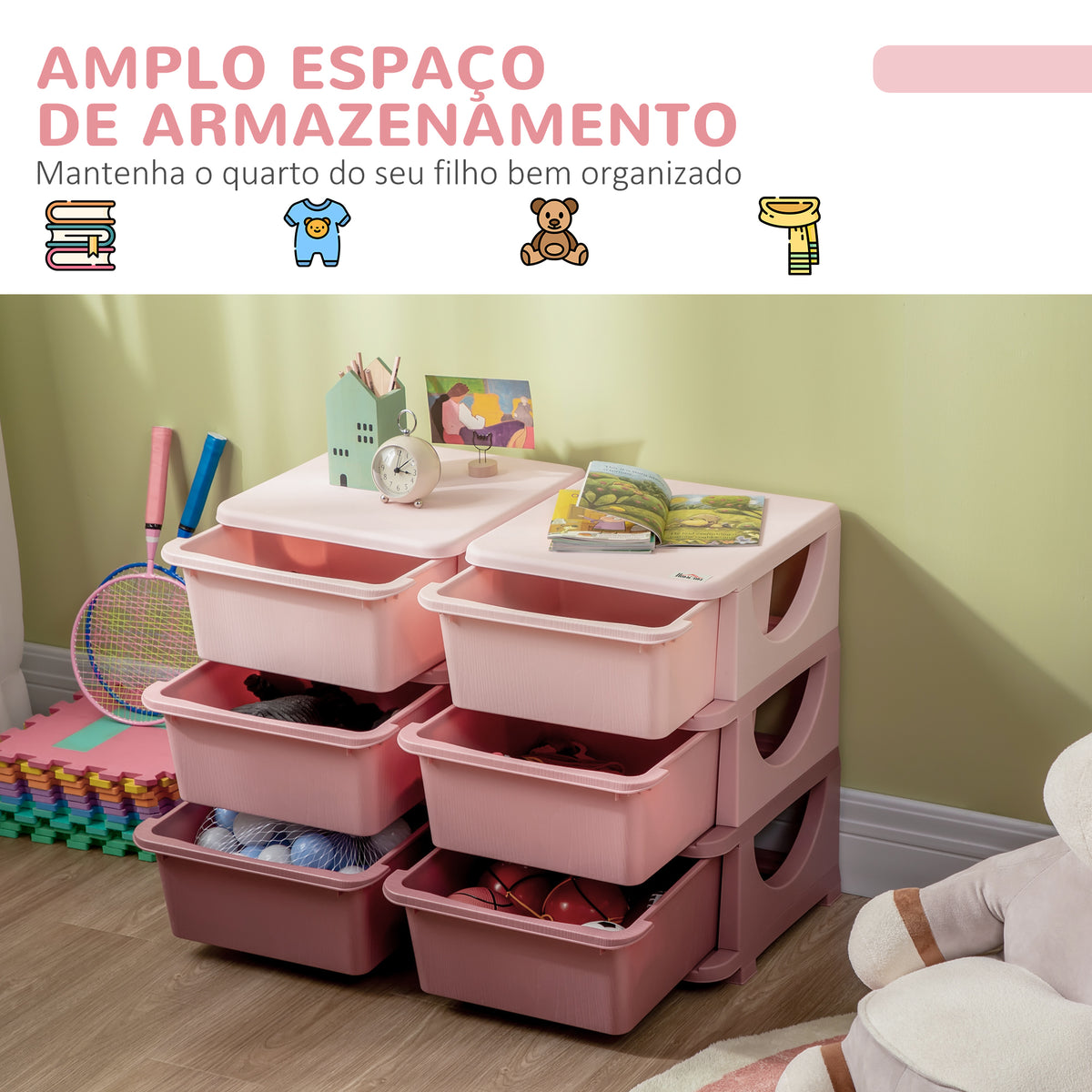 Organizador de Brinquedos com 6 Gavetas Gavetas de Arrumação para Crianças acima de 3 Anos com Bordas Arredondadas e Pegas para Sala de Jogos Quarto 75x37x56,5 cm Rosa — foto 4