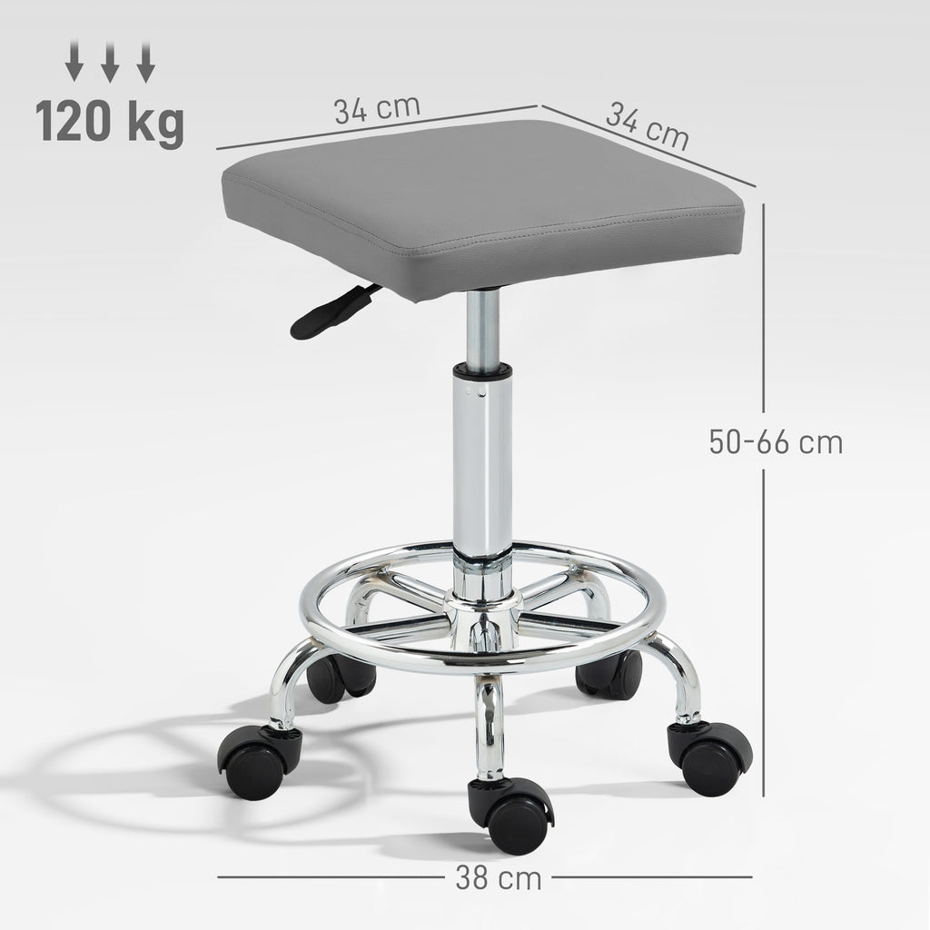 Banco Giratório Banco com Rodas Altura Regulável 50-66 cm Assento Estofado em Imitação de Couro Descanso para os Pés para Salões e Oficinas 34x34x50-66 cm Cinzento — foto 3