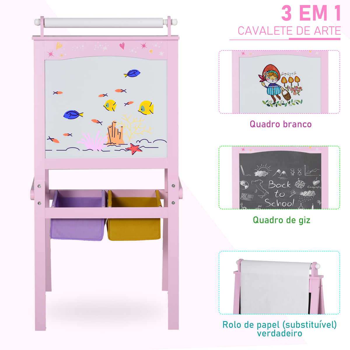 Cavalete Infantil 3 em 1 Cavalete de Arte para Crianças com Quadro Rolo de Papel e 2 Cestos de Armazenamento 58,5x50,5x118 cm Rosa — foto 4