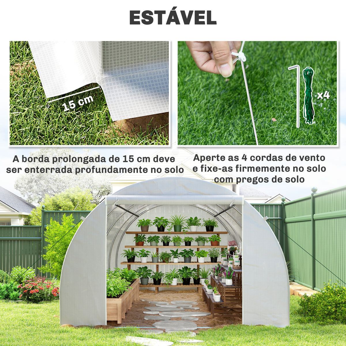 Estufa Tipo Túnel 595x300x200cm com 8 Janelas e Cobertura de Polietileno para Cultivo de Plantas Estrutura de Aço 24mm para Jardim Branco — foto 5