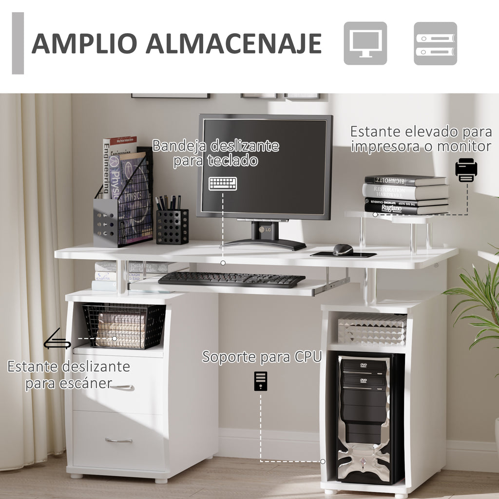 Secretária para computador Mesa para PC com prateleiras múltiplas Bandeja de teclado Suporte para CPU e 2 gavetas 120x55x85 cm branco — foto 4
